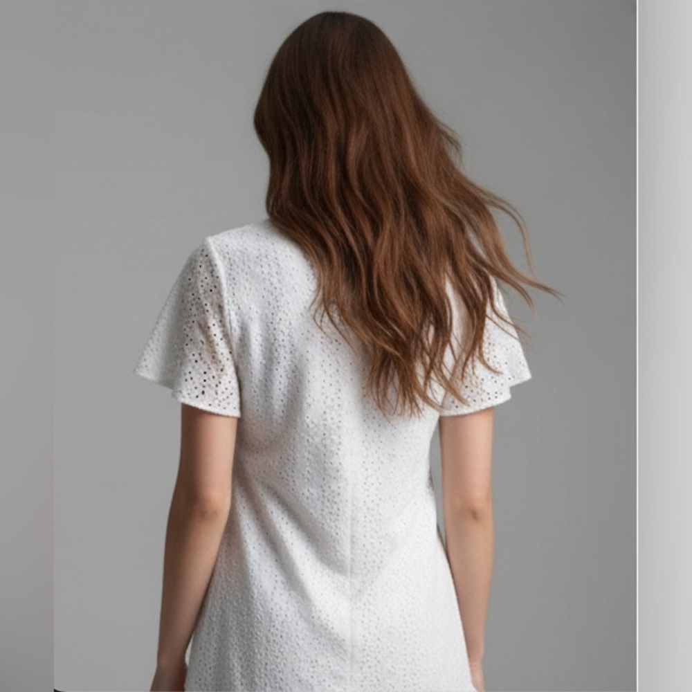 White Eyelet Embroidery Ruffle Hem Smock Dress - Picture 5 of 7